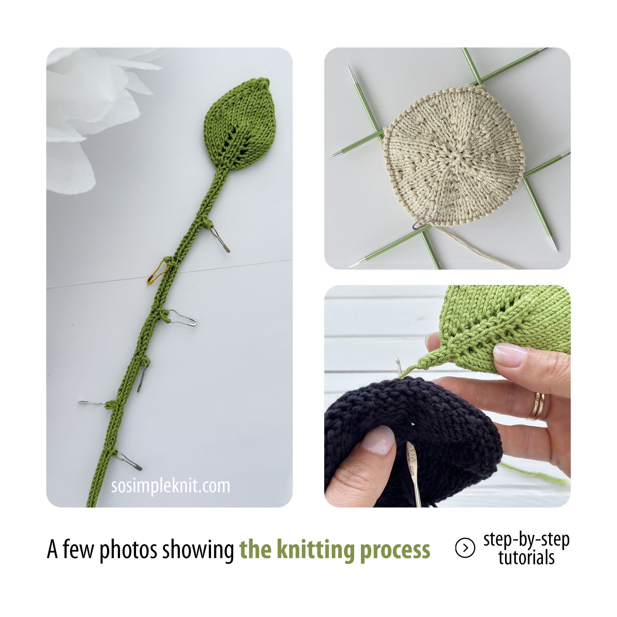 The image features three small photos showcasing the knitting process for a pothos plant pattern. The left photo shows a green knitted leaf and a long green stem with stitch markers. The top right photo displays a flat, circular piece knitted in a light beige color. The bottom right photo depicts a person’s hand holding a black knitted piece, highlighting various textures. The background is light and neutral, creating a clean presentation of the knitting project.