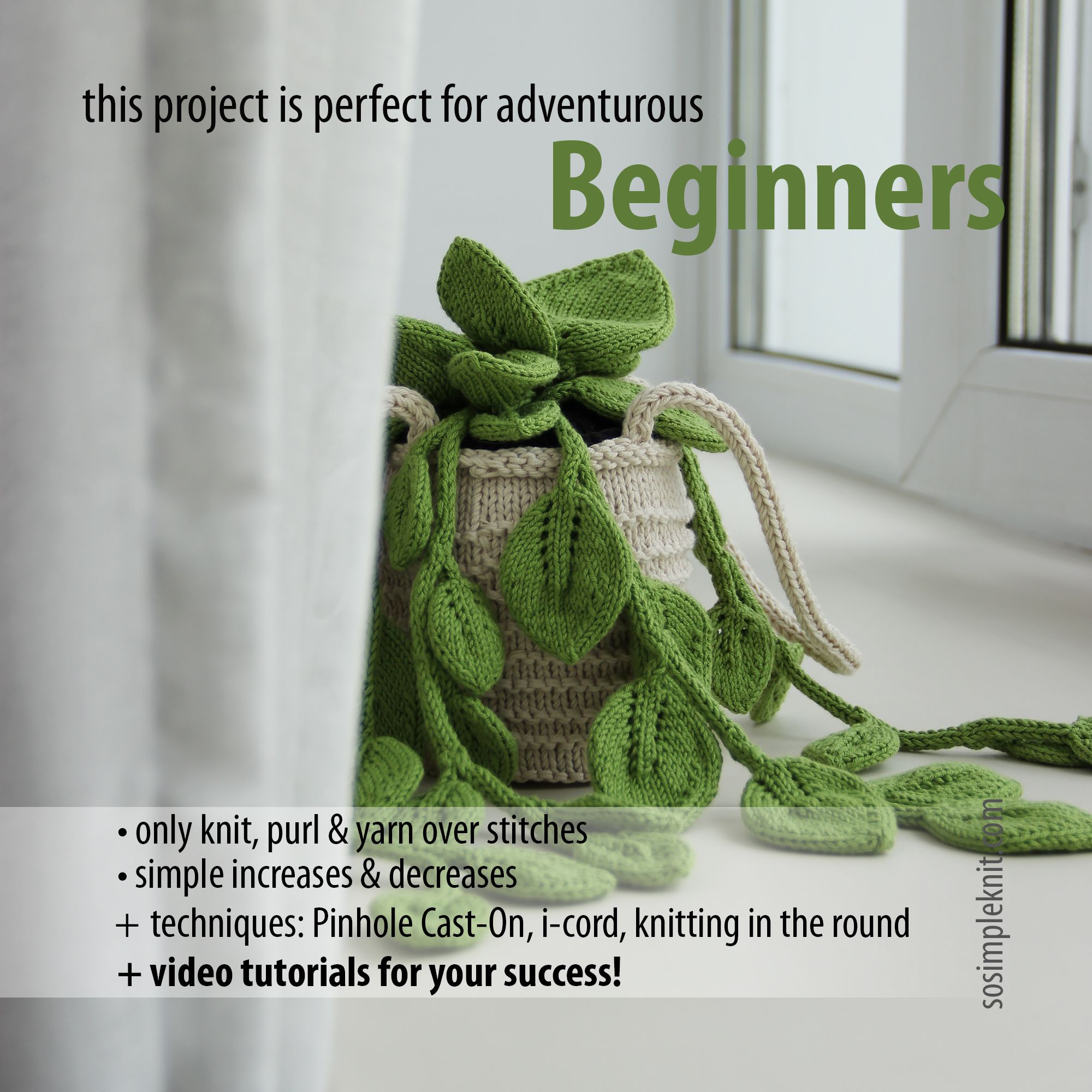 A knitted pothos hanging plant in various shades of green is displayed in a woven pot, sitting on a ledge near a window. The plant features large, textured leaves and trailing vines. The background includes soft natural light coming through the window, highlighting the texture of the knitting. The text overlay emphasizes that the project is suitable for adventurous beginners and outlines key project details. The color palette is primarily green with neutral tones in the pot and a bright, airy at