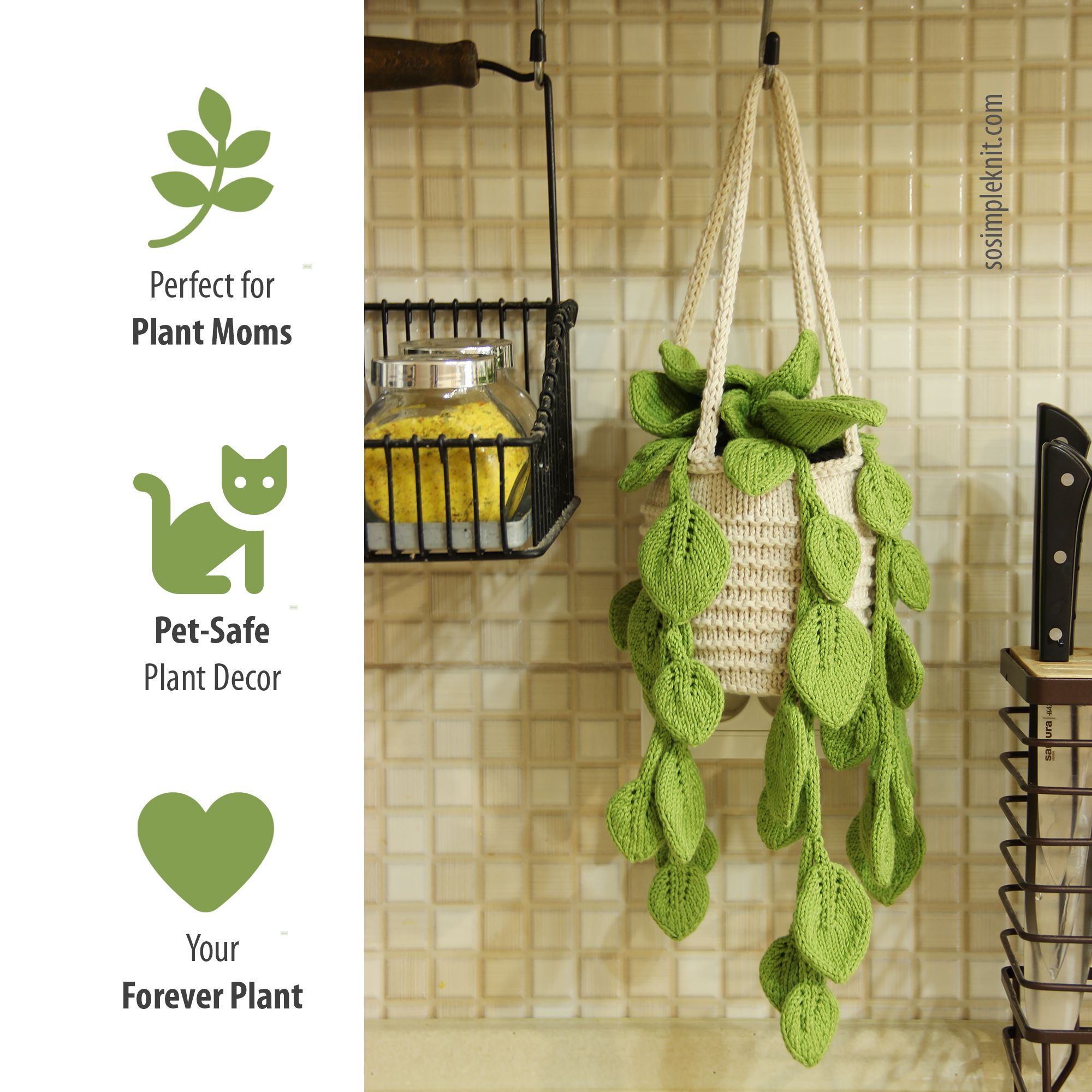 The image features a knitted pothos hanging plant with bright green leaves attached to a light beige, textured basket. The plant is suspended by thick, braided cords from a hook against a tiled background. To the left, there are three small green icons with corresponding text, including a leaf, a cat, and a heart, all in shades of green, highlighting the plant's features and benefits for pet owners. The overall composition is warm and inviting, emphasizing the cozy, handmade quality of the knitt