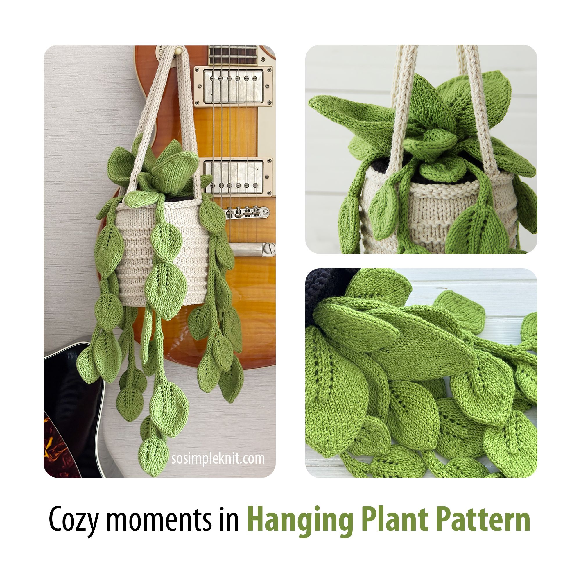 The image displays a knitted pothos hanging plant, featuring a cream-colored pot with a textured surface adorned with vibrant green leaves. The plant is suspended with three cords, giving it a cascading appearance. In the background, a wooden guitar partially shows, adding a rustic touch. The leaves vary in size and are intricately crafted to resemble real pothos foliage, showcasing a natural representation. The overall style is cozy and inviting, with a light color palette creating a warm atmos