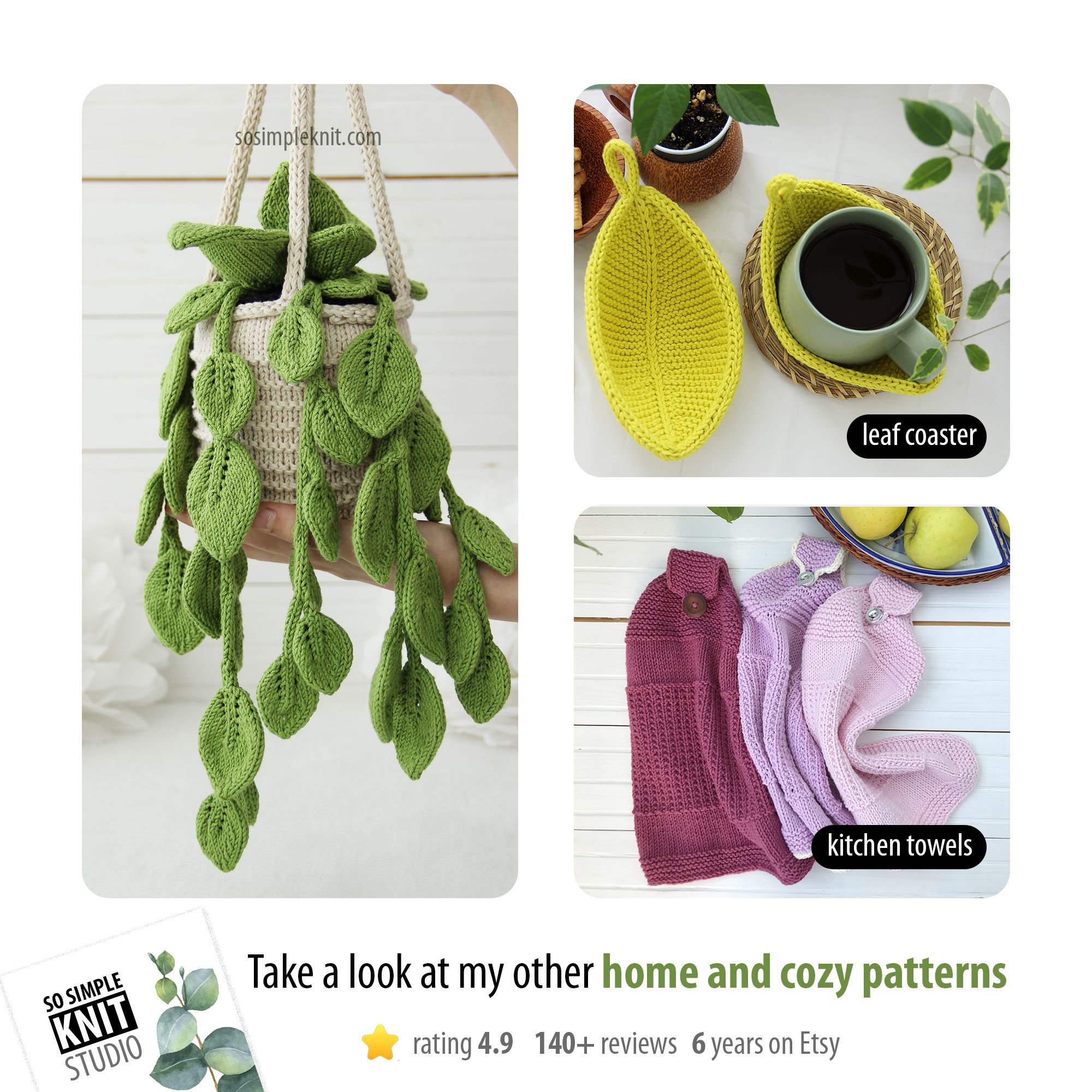 The image features a knitted pothos hanging plant with vibrant green leaves, suspended in a woven basket made of the same yarn. To the right, there are two additional pieces: a yellow leaf-shaped coaster with a coffee cup resting on it and a set of three kitchen towels in shades of pink. The background is neutral, emphasizing the colors of the knitted items. The layout is framed cleanly, showcasing each item distinctly with no distractions.