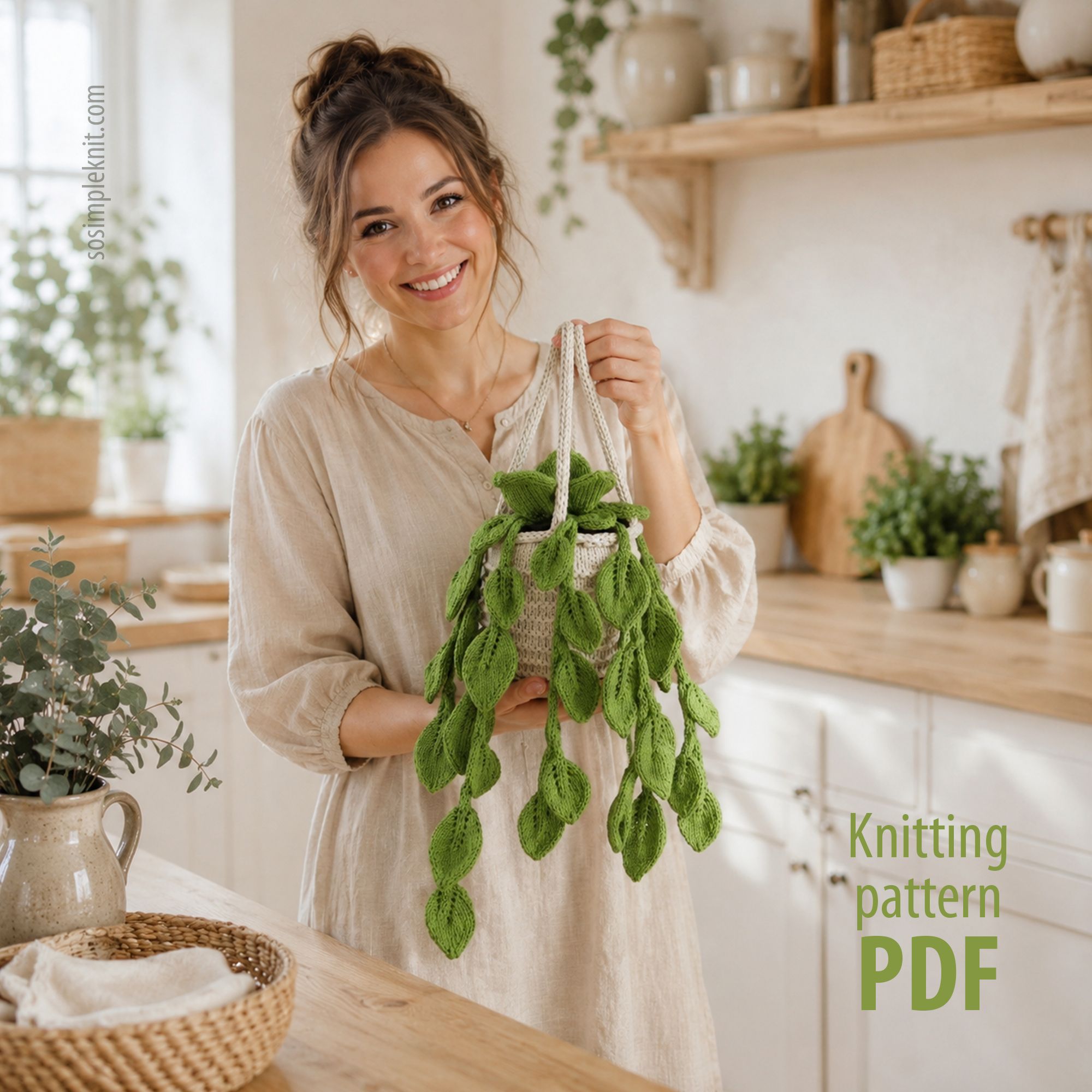 A woman wearing a light-colored linen shirt stands in a bright, cozy kitchen, holding a green knitted pothos plant in a hanging planter. The plant features several cascading leaves, all knit in varying shades of green, creating a lush appearance. The surrounding kitchen has wooden shelves with plants and kitchenware, emphasizing a natural and homey atmosphere. The text "Knitting pattern PDF" is placed to the right in a bold, green font, blending with the color scheme of the image.
