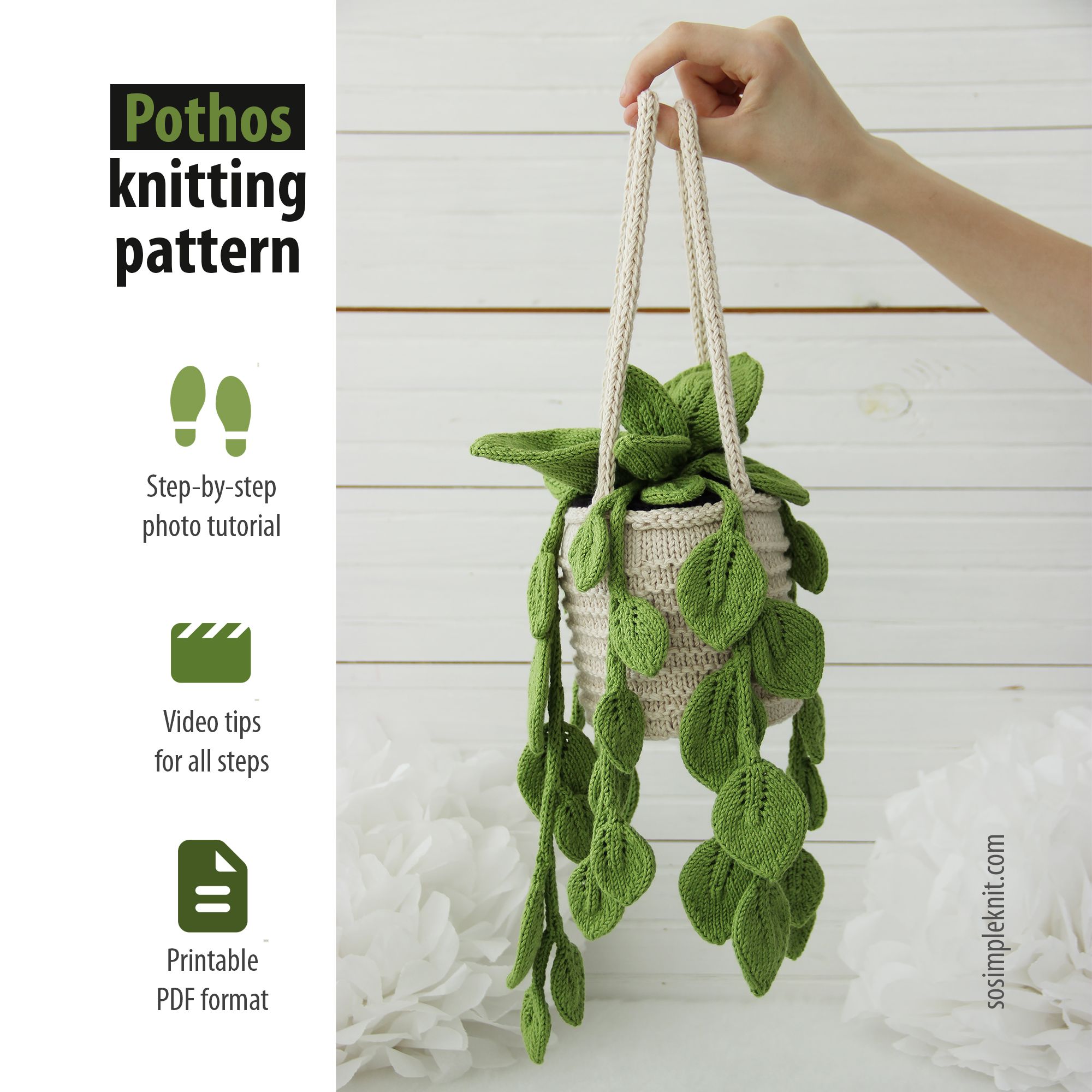A hand holds a crocheted hanging planter, filled with green knitted leaves resembling a Pothos plant, against a light wooden background. The planter has a textured cream color with a smooth finish, while the leaves vary in shades of green. The image is framed closely around the planter and leaves, with a soft focus on the background. Text on the left side outlines features of the knitting pattern in a clear, modern font.