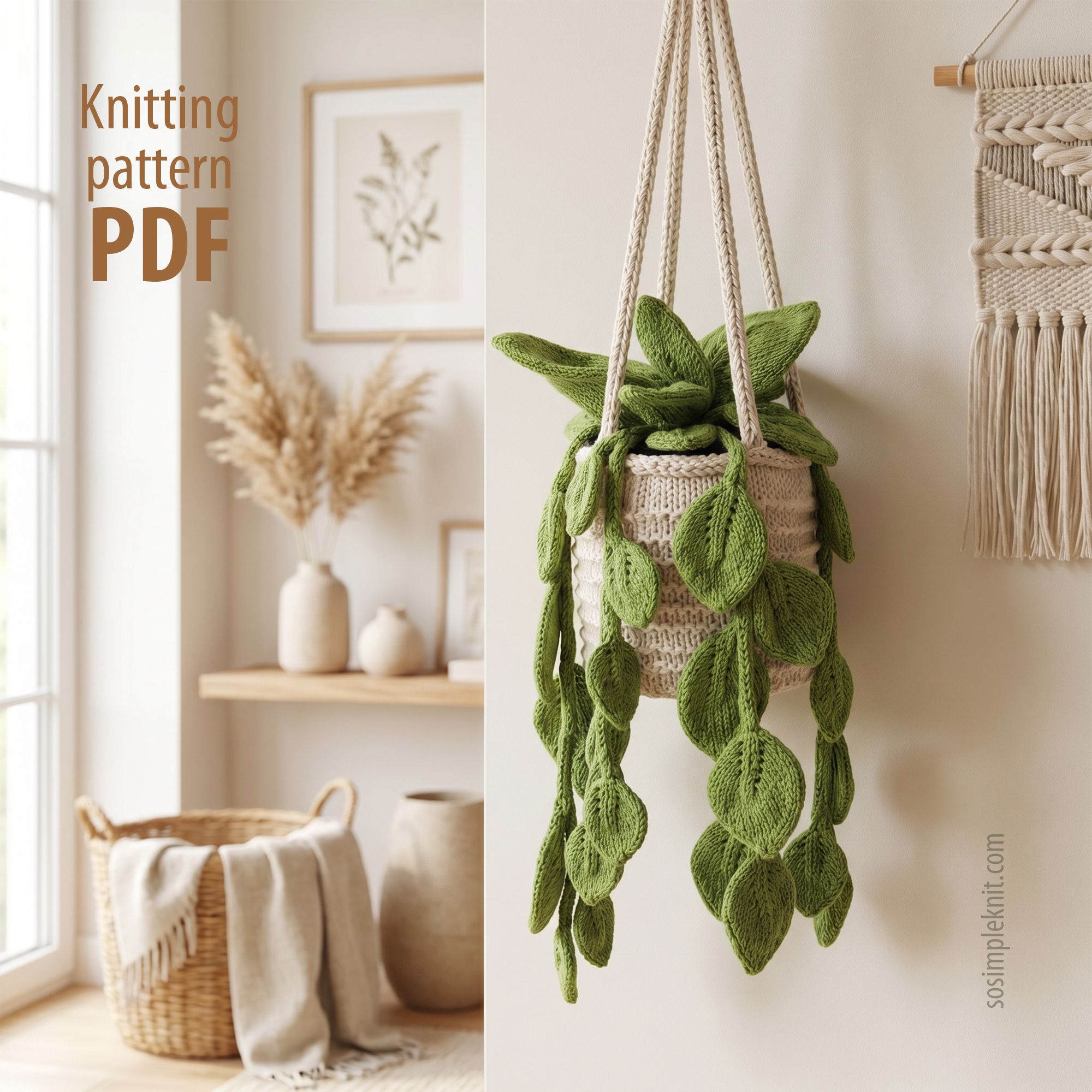 The image features a knitted pothos hanging plant in a textured beige planter, suspended by green and cream ropes. The plant has vibrant green leaves, with various shades depicting a natural look. In the background, there is a softly lit room with light-colored walls, a woven basket on the floor, and decorative framed botanical prints on the wall, adding a natural aesthetic. The title "Knitting pattern PDF" is positioned in a brown font on the left side.