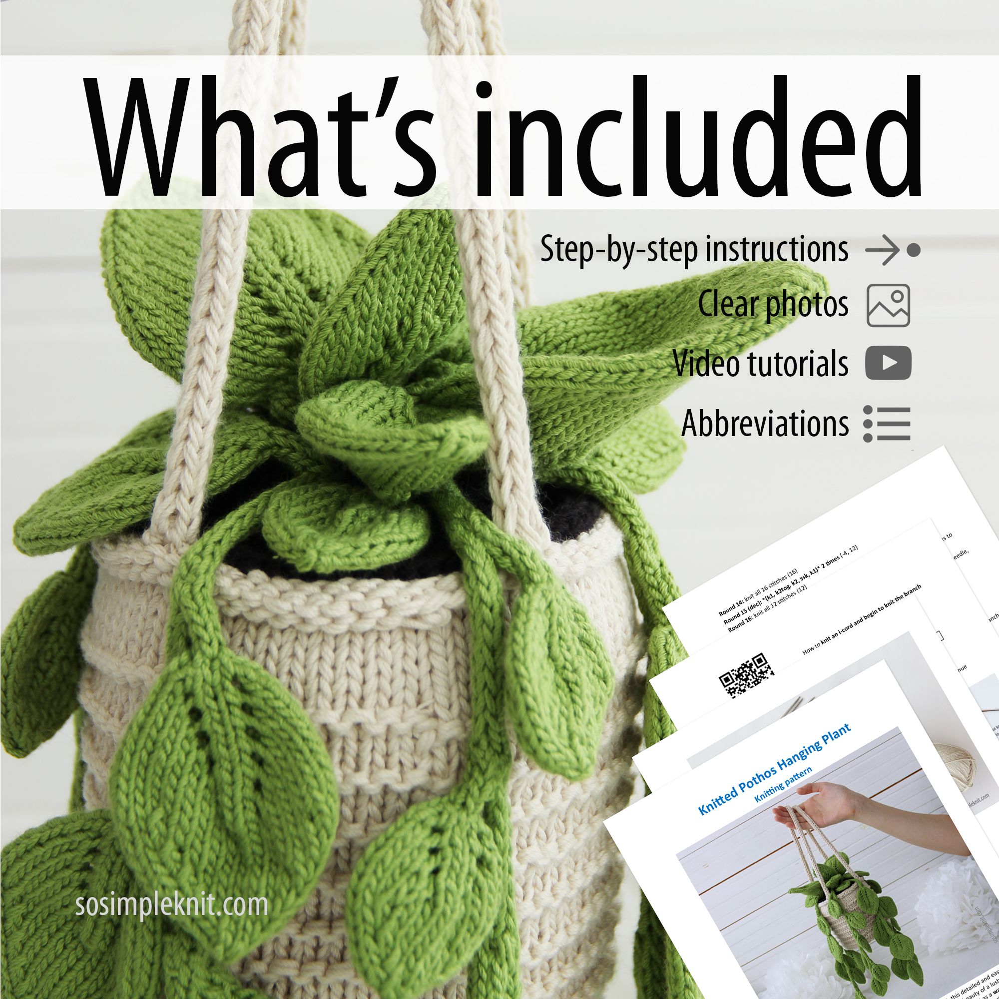The image features a close-up of a knitted pothos hanging plant, with vibrant green leaves cascading from a textured cream-colored plant holder. The background is a light, neutral surface that contrasts with the plant, emphasizing its details. Visible in the bottom portion are printed pages with text, including the title “Knitted Pothos Hanging Plant” and various icons for included materials, against a light backdrop. The overall composition combines natural elements with a clean, modern aesthet
