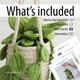 The image features a close-up of a knitted pothos hanging plant, with vibrant green leaves cascading from a textured cream-colored plant holder. The background is a light, neutral surface that contrasts with the plant, emphasizing its details. Visible in the bottom portion are printed pages with text, including the title “Knitted Pothos Hanging Plant” and various icons for included materials, against a light backdrop. The overall composition combines natural elements with a clean, modern aesthet
