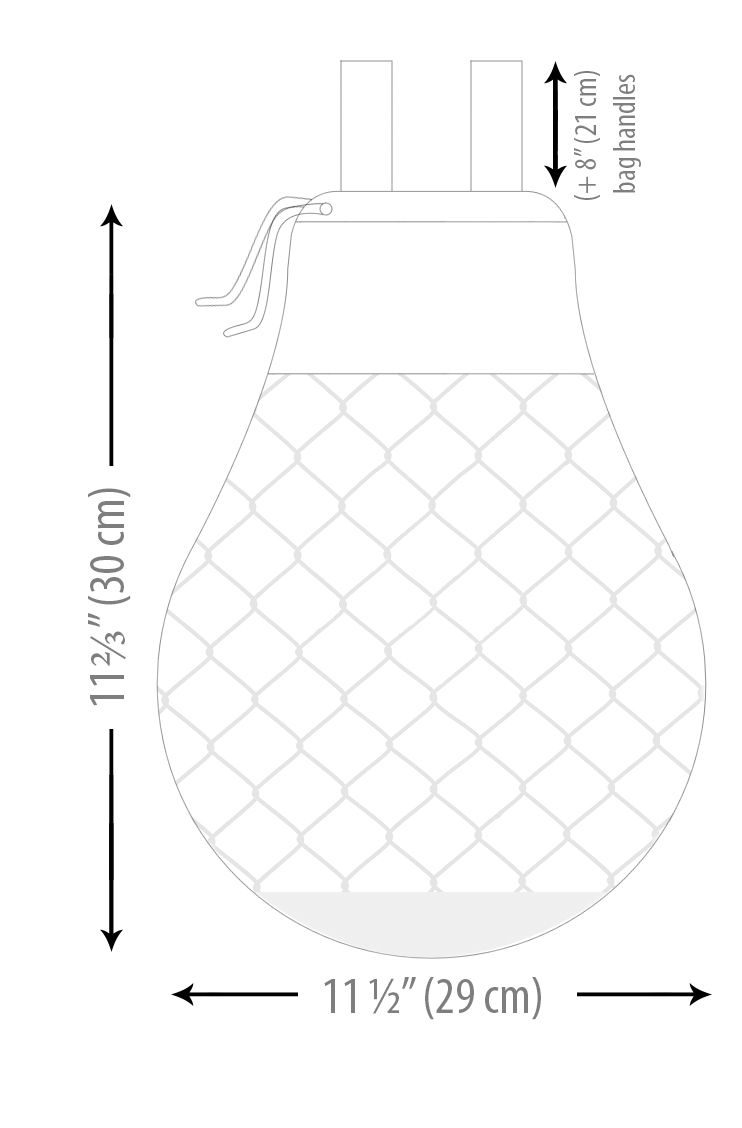 The image features a flat illustration of a knitted produce bag pattern, shaped like a teardrop. It is outlined in black and shows a textured mesh design with diagonal lines forming diamond shapes. The bag dimensions are labeled with measurements of 11.5 inches (29 cm) width and 11.25 inches (30 cm) height, with additional labels indicating a height of 8 inches (20 cm) for the handles. The background is white, providing contrast to the black outline.
