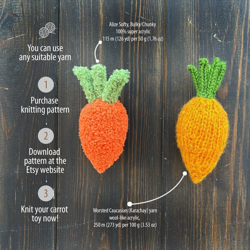 The image shows two small knitted carrots, one orange with a green top and one lighter orange with a textured green top. They are displayed on a wooden surface. Alongside the carrots, there are three text instructions in a simple font: "You can use any suitable yarn," "Purchase knitting pattern," and "Download pattern at the Etsy website," each accompanied by a corresponding icon or illustration. The overall color scheme is warm and inviting, featuring earthy tones from the wooden background.