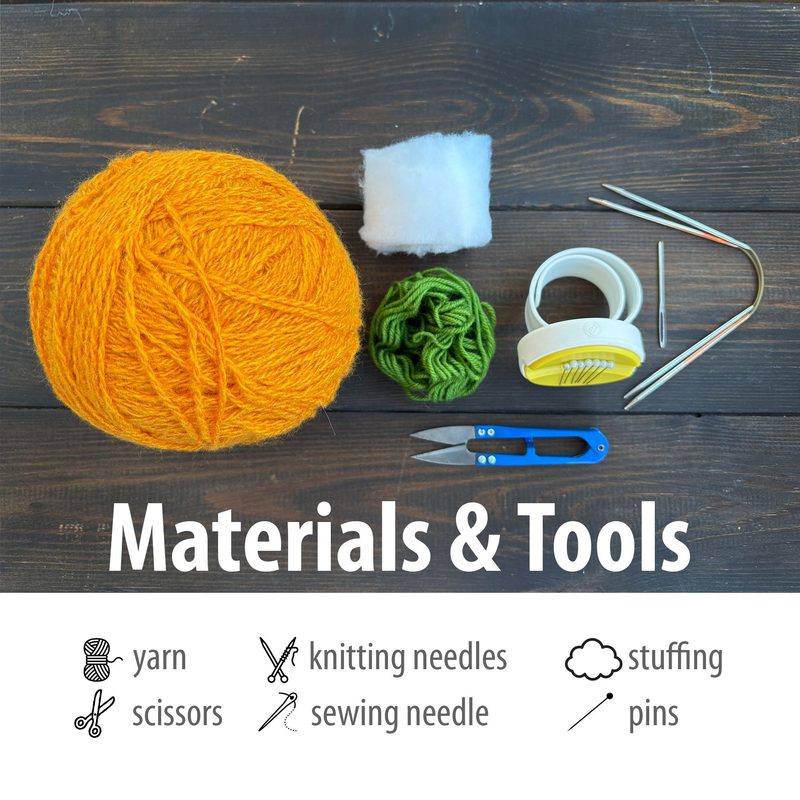 A flat lay arrangement of knitting materials on a wooden surface, featuring a large ball of orange yarn, a pair of scissors, white stuffing, a small green yarn pom-pom, a tape measure, two knitting needles, and a blue sewing knife. The text below reads "Materials & Tools" in bold, with icons representing yarn, knitting needles, a sewing needle, and stuffing. The color palette includes earthy tones with vibrant orange and green elements.