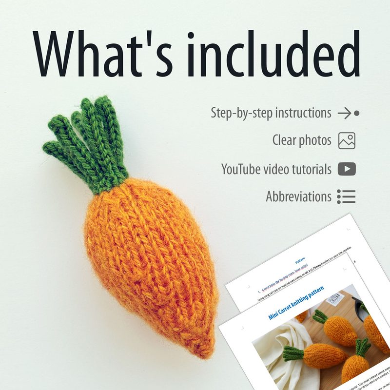 A small, knitted carrot in vibrant orange with a textured body and green leafy top is centered in the image. The carrot is placed against a light gray background, with clear, legible text overlay stating "What's included" and a few bullet points about the pattern. An open document, displaying a page titled "Mini Carrot knitting pattern," is partially visible at the bottom right, showing an image of the carrot and some text. The overall composition is clean and minimalistic.