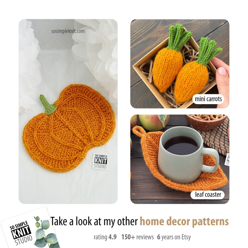 The image features three sections: the left side shows a large, knitted pumpkin in bright orange with green leaves on the stem, placed on a white background; the top right section displays two small, knitted carrots in orange with green tops, presented in a kraft box; the bottom right section depicts a leaf-shaped coaster in a warm orange color, resting beside a gray mug. Each item emphasizes a cozy, handmade aesthetic.