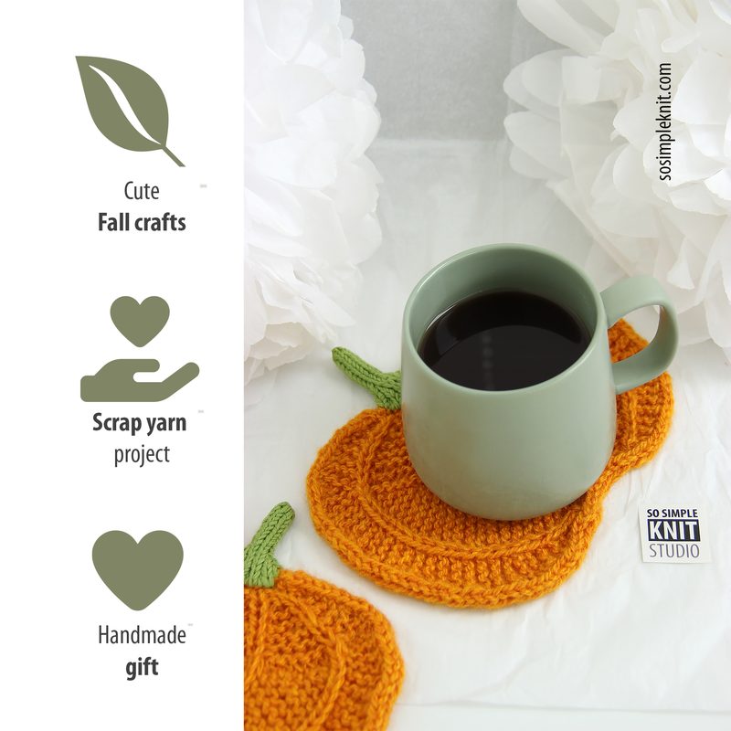 A cozy scene featuring a light green mug filled with black coffee, placed on a vibrant orange knitted pumpkin coaster. The coaster is circular and textured, resembling a pumpkin's shape and color. In the background, soft white fabric flowers add a touch of contrast. To the left, there are graphic icons representing fall crafts, scrap yarn projects, and handmade gifts, each accompanied by corresponding text in a minimalist style. The overall composition creates a warm and inviting atmosphere, emp