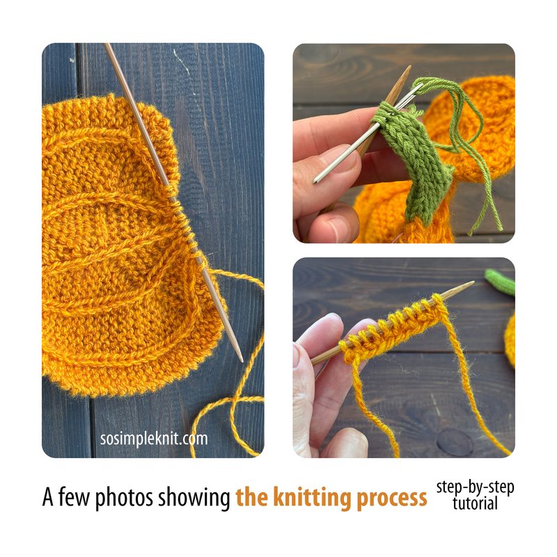 The image features three photos arranged in a collage format. The top left shows an orange knitted piece with a textured pattern and a wooden knitting needle. The top right displays green yarn being stitched with a needle through a knitted piece. The bottom photo depicts yellow yarn being held, showing a series of knitted stitches. The background is a smooth wooden surface, and the overall color palette includes warm oranges, greens, and yellows, highlighting the materials used in the knitting p