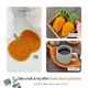 The image features three sections: the left side shows a large, knitted pumpkin in bright orange with green leaves on the stem, placed on a white background; the top right section displays two small, knitted carrots in orange with green tops, presented in a kraft box; the bottom right section depicts a leaf-shaped coaster in a warm orange color, resting beside a gray mug. Each item emphasizes a cozy, handmade aesthetic.