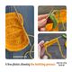 The image features three photos arranged in a collage format. The top left shows an orange knitted piece with a textured pattern and a wooden knitting needle. The top right displays green yarn being stitched with a needle through a knitted piece. The bottom photo depicts yellow yarn being held, showing a series of knitted stitches. The background is a smooth wooden surface, and the overall color palette includes warm oranges, greens, and yellows, highlighting the materials used in the knitting p