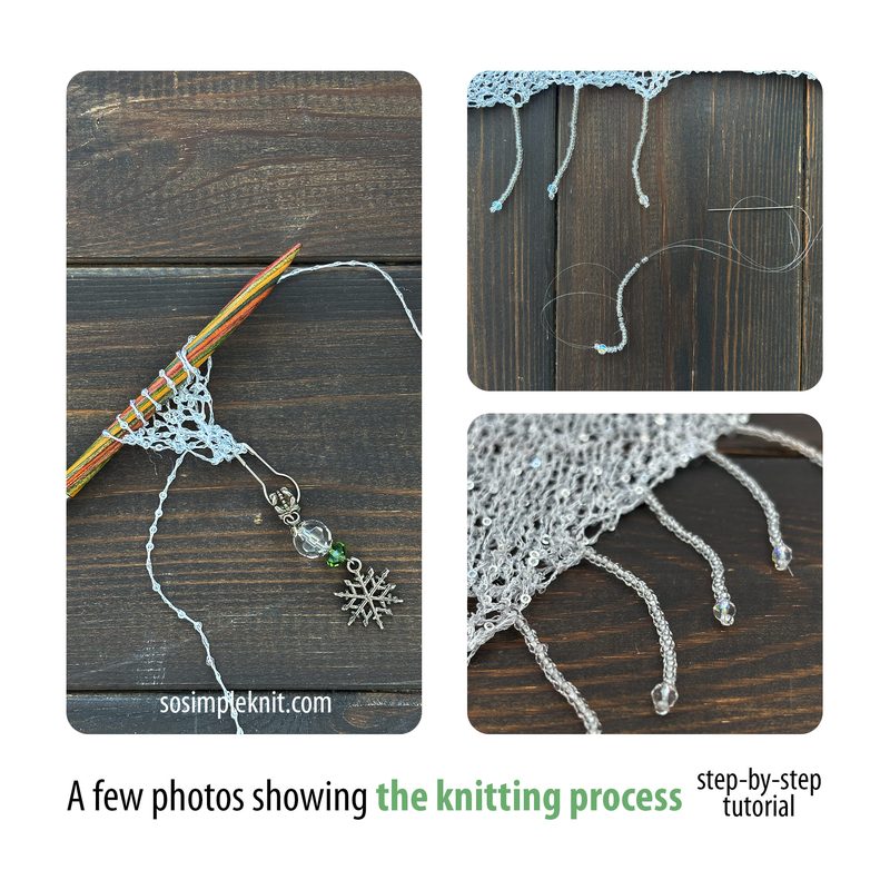 The image features a collage of three photos depicting the knitting process for a sequin shawl. The top left shows knitting needles with yarn and a lace pattern on a dark wooden background. The top right displays a close-up of thread and a decorative snowflake charm. The bottom section provides a broader view of the shawl with visible sequins and threads, emphasizing the intricate details of the design. The overall color palette includes soft whites, silvers, and muted wooden tones.