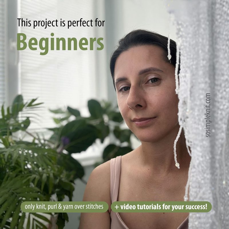 A woman with dark hair, wearing a light-colored tank top, is positioned to the right side of the image. She gazes softly at the camera, with a textured white sequin shawl draping in the foreground. Green plant leaves are visible to the left, adding depth. The image features a light, airy atmosphere with natural lighting. Text overlays indicate the project is suitable for beginners and mentions video tutorials, positioned in the upper left and lower sections of the image.