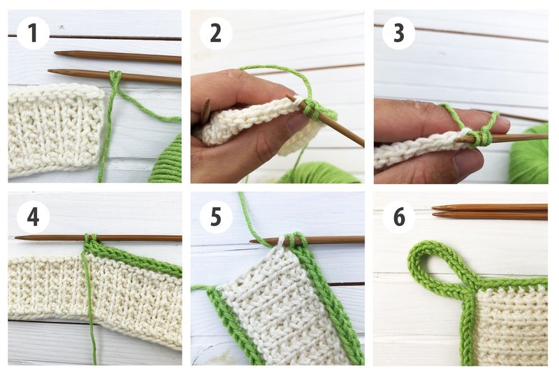 A series of six images showing the process of creating a set of three knitted dishcloths. The first image features a section of textured white yarn with green contrast. The second image displays a hand holding knitting needles with a green yarn ball in the background. The third image shows a close-up of a stitch being formed. The fourth image continues the pattern in progress with white and green yarn. The fifth image illustrates more completed stitches. The sixth image shows a finished corner w