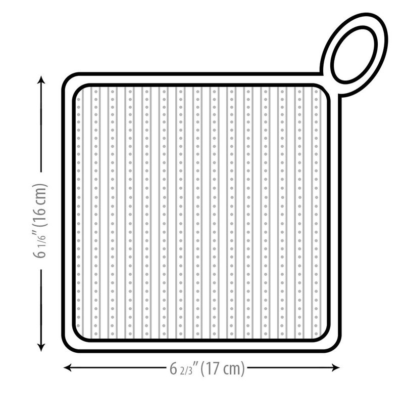 Illustration of a knitted dishcloth with a square shape, featuring a simple striped pattern. The dishcloth is shown with dimensions labeled: 6 1/4 inches (16 cm) in height and 6 2/3 inches (17 cm) in width. A loop is attached at one corner for hanging. The overall design is minimalist with focus on the knitted texture and measurements, presented in black and white.