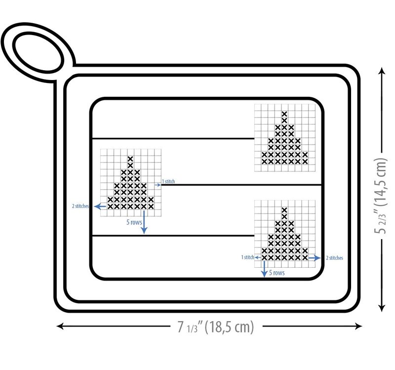 The image features a schematic layout for a knitting pattern of three dishcloths, showing grids with cross stitch symbols. Each section displays a distinct design that includes a bell shape, with dimensions labeled in both inches and centimeters. The overall framing is rectangular, with a loop at the top left corner for hanging. The pattern is presented in black and white, emphasizing the grid and symbols clearly against the white background. The dimensions are marked with arrows and text for cl