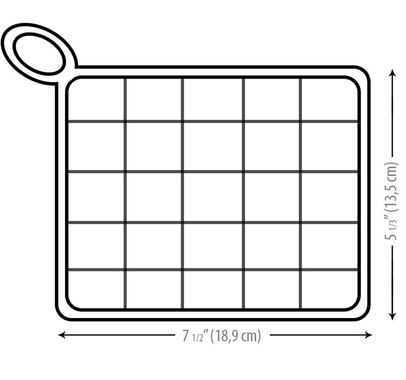 A grid pattern illustration of a knitted dishcloth, featuring a square shape with rounded edges and a loop for hanging. The design is outlined in a bold black line, showcasing a grid divided into smaller squares. The dimensions are indicated as 7.5 inches by 5.13 inches, with measurements noted in both inches and centimeters. The background is plain, emphasizing the dishcloth's shape and structure.