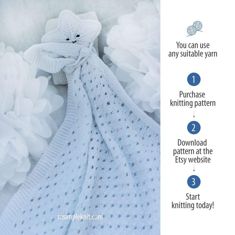 The image features a knitted star-shaped security blanket in soft light blue with a textured stitch pattern. The blanket is laid flat, showcasing its star head with embroidered eyes and a smiling mouth. Surrounding the blanket are white fluffy flowers which contrast with the blue. On the right side, there is a white background with text outlining steps to purchase and download the knitting pattern, accompanied by a small graphic of a ball of yarn. The overall aesthetic is soft and inviting, emph