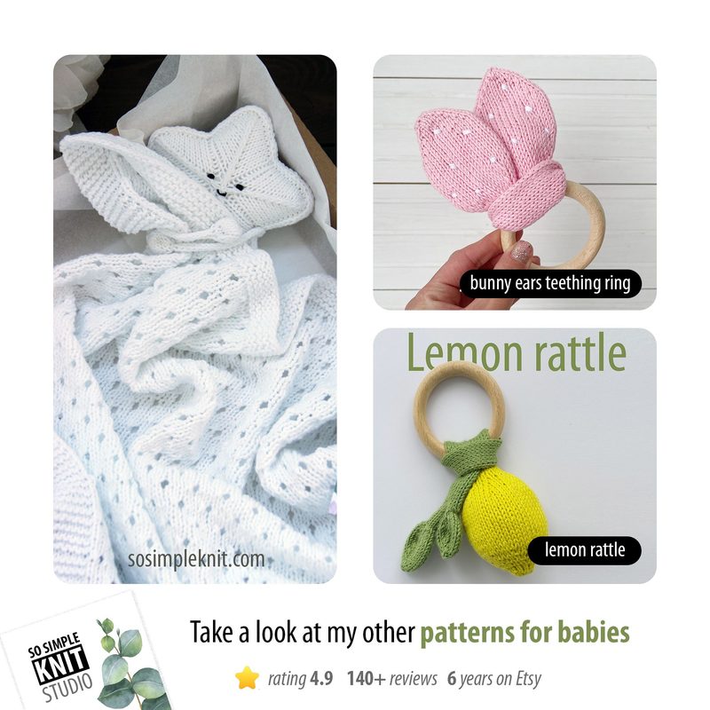 The image features a white, knitted security blanket with an intricate lace pattern, draped in a soft, relaxed manner. In the upper right, there is a close-up of a pink knitted bunny ears teething ring, adorned with small white dots, and beside it, a yellow lemon-shaped teething ring with a green leaf. The background is neutral, focusing primarily on the knitted items. The overall color palette includes soft pastels and natural tones, emphasizing a gentle, calming aesthetic suitable for baby pro