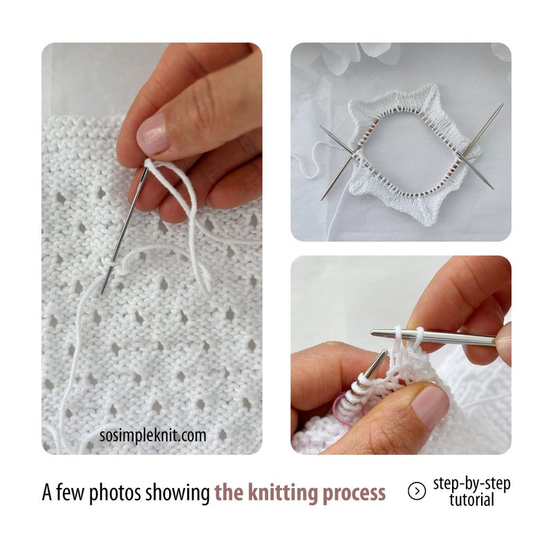 The image features three photos showcasing the knitting process for a white "Star Lovey Security Blanket" pattern. The top left photo shows a close-up of hands using a needle and white yarn to sew, with a textured knitted fabric in the background. The top right image displays a circular knitting project, emphasizing the star shape in progress. The bottom photo focuses on the knitted piece, highlighting the stitch details and yarn texture. The overall color scheme consists of soft white tones, cr