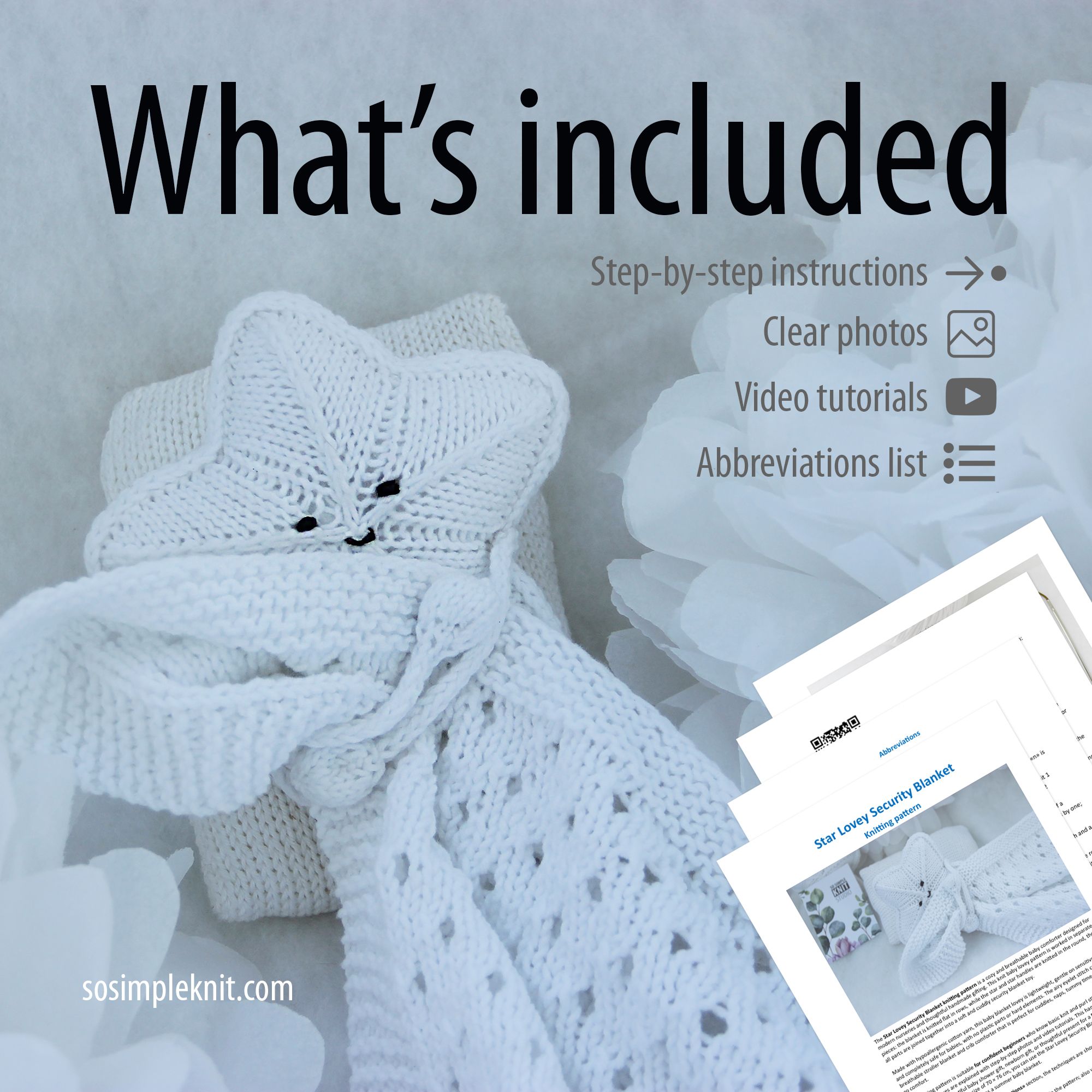 The image features a soft, white knitted star-shaped security blanket positioned against a light background. The star has a textured pattern with two black buttons resembling eyes. Surrounding the blanket are paper sheets with text, likely instructions, partially visible. The overall composition includes a modern, minimalist aesthetic, with a gentle focus on the star blanket as the central subject.