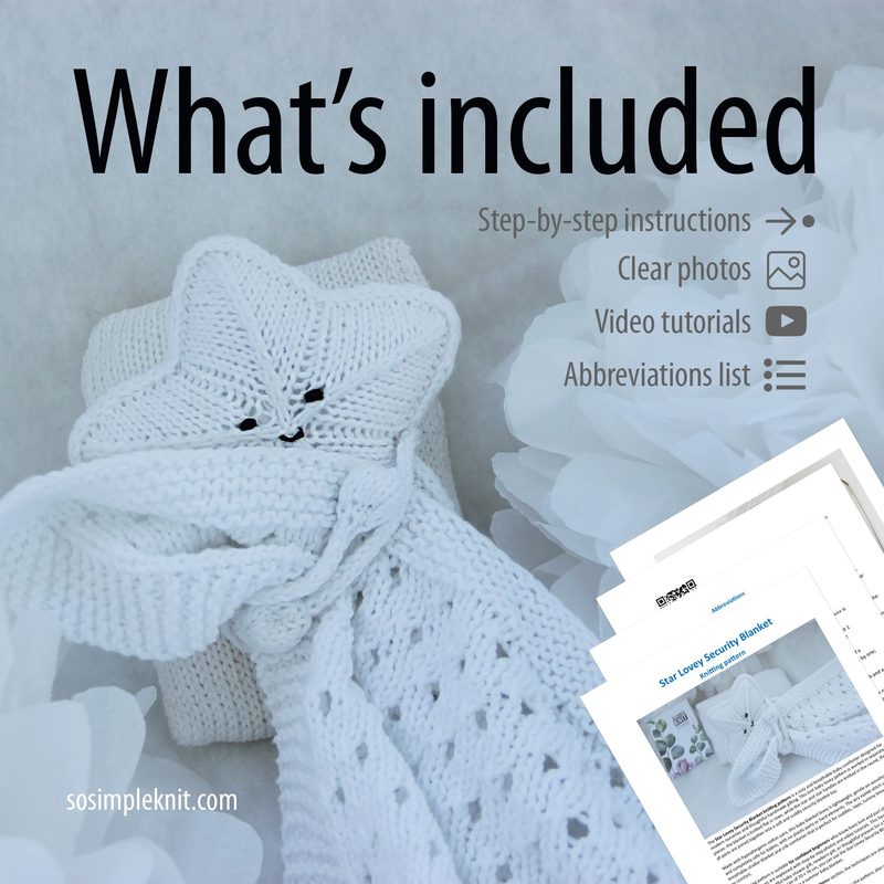 The image features a soft, white knitted star-shaped security blanket positioned against a light background. The star has a textured pattern with two black buttons resembling eyes. Surrounding the blanket are paper sheets with text, likely instructions, partially visible. The overall composition includes a modern, minimalist aesthetic, with a gentle focus on the star blanket as the central subject.