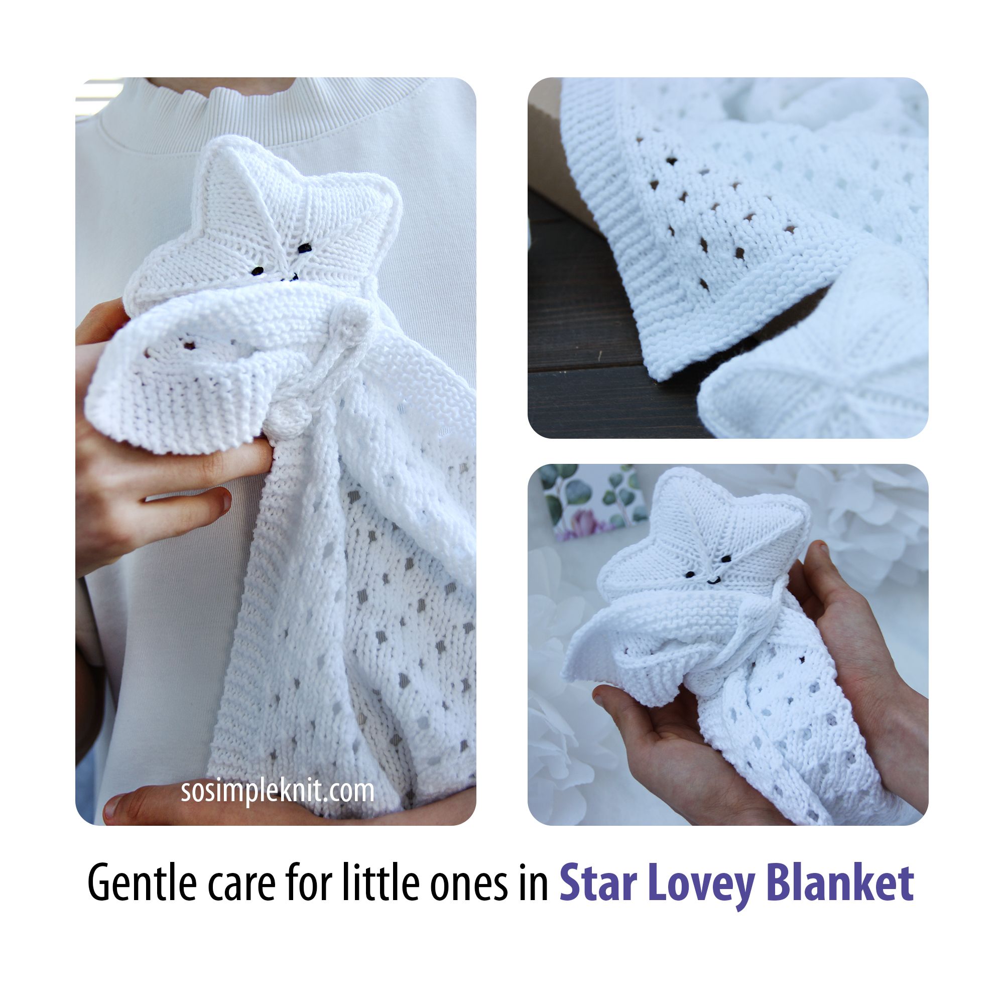 A person holds a white knitted security blanket shaped like a star, featuring a textured pattern and a tying detail at the bottom. The star's face has embroidered eyes and a mouth, giving it a gentle, friendly appearance. The blanket's fabric shows a mix of solid and open knitting styles, with a soft, cozy quality. The background is softly blurred, focusing on the blanket and the person's hands. The overall color palette is neutral and calming, emphasizing the blanket's nurturing design.