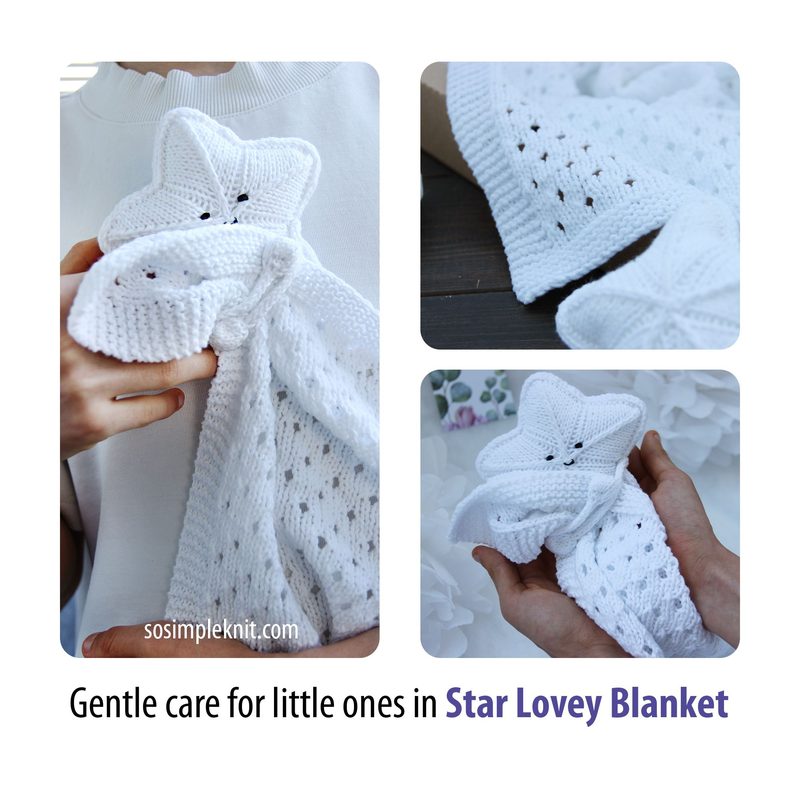A person holds a white knitted security blanket shaped like a star, featuring a textured pattern and a tying detail at the bottom. The star's face has embroidered eyes and a mouth, giving it a gentle, friendly appearance. The blanket's fabric shows a mix of solid and open knitting styles, with a soft, cozy quality. The background is softly blurred, focusing on the blanket and the person's hands. The overall color palette is neutral and calming, emphasizing the blanket's nurturing design.