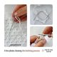 The image features three photos showcasing the knitting process for a white "Star Lovey Security Blanket" pattern. The top left photo shows a close-up of hands using a needle and white yarn to sew, with a textured knitted fabric in the background. The top right image displays a circular knitting project, emphasizing the star shape in progress. The bottom photo focuses on the knitted piece, highlighting the stitch details and yarn texture. The overall color scheme consists of soft white tones, cr