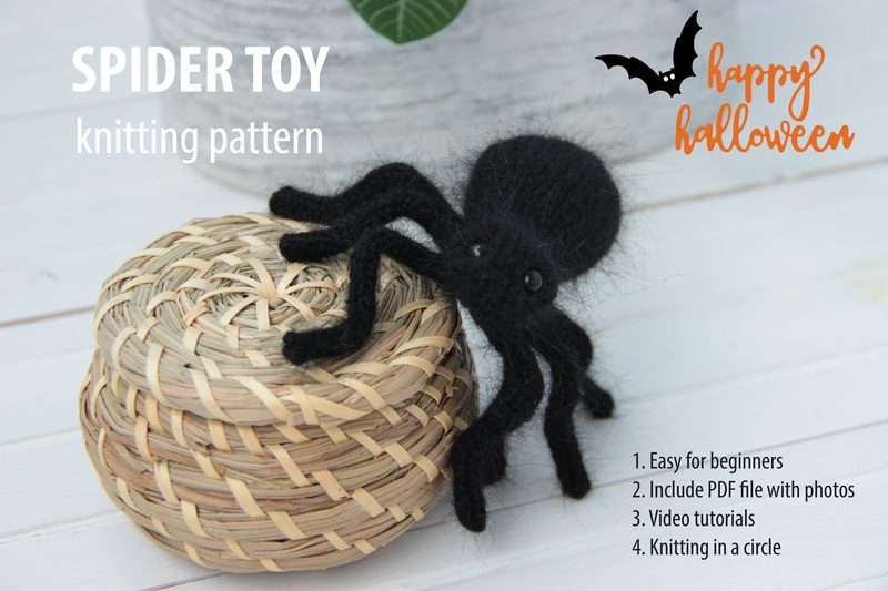 A black knitted toy spider sits atop a woven basket on a light wooden surface. The spider features eight legs, a round body, and two button-like eyes. The background is minimal and soft, focusing on the spider and the basket. In the upper left corner, the text "SPIDER TOY knitting pattern" appears in a clear font, while an illustration of a bat and the phrase "happy halloween" are in the upper right corner. The overall color palette is neutral, with black, brown, and white tones.