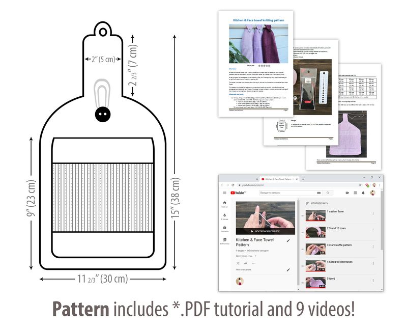 The image features a blueprint illustration of a hanging kitchen towel knitting pattern with measurements labeled in inches and centimeters. There is a pink knitted towel depicted draped from a hanger, alongside several pages of instructions and a video thumbnail displayed in the background. The overall color scheme includes soft pinks, white, and neutral tones, with clear outlines and text detailing the pattern’s components and resources.