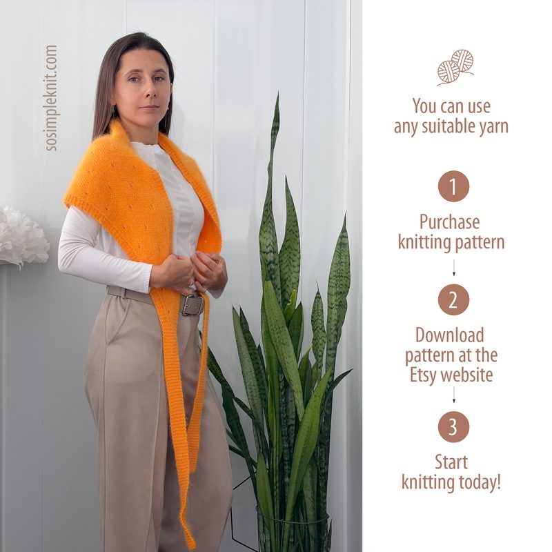 A woman stands in front of a tall green plant, wearing an orange lace triangle scarf draped around her shoulders. She has long brown hair and is dressed in a white top and beige high-waisted trousers. The background is light and neutral, emphasizing the vibrant color of the scarf. To the right, step-by-step instructions are listed in a vertical format, with a decorative knitting-themed element at the top.