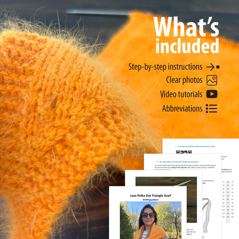 The image features a close-up of a vibrant orange lace triangle scarf made from fluffy yarn, with an intricate lace pattern visible. In the background, partially obscured, are printed pages of the knitting pattern, including illustrations and text instructions. A woman wearing another scarf is shown on one of the pages. The overall composition is well-lit, emphasizing the texture of the yarn and the details of the pattern, with clear fonts used for the text overlay that includes step-by-step ins