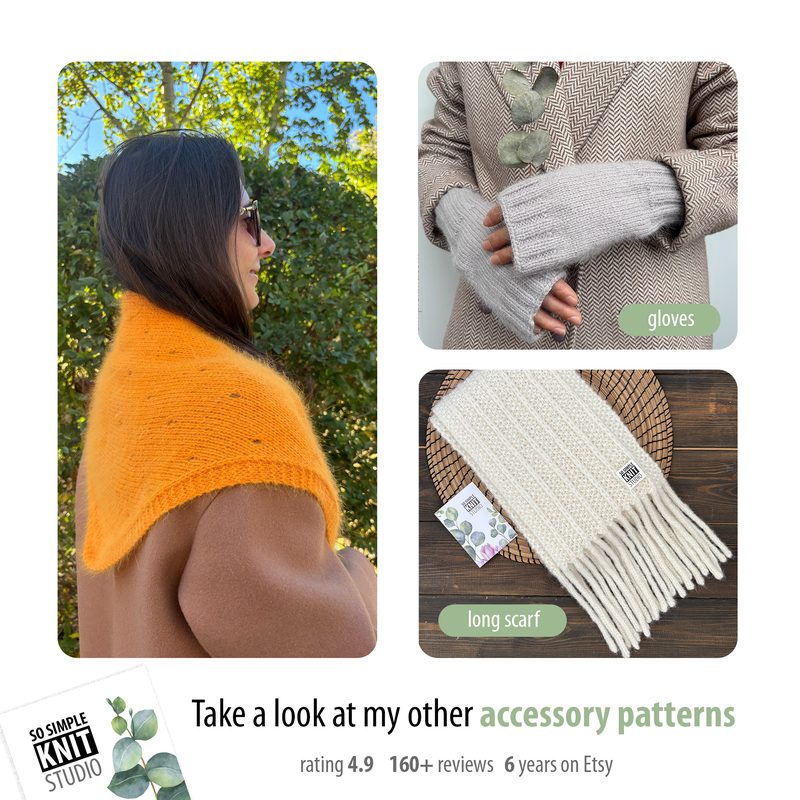 The image features a woman wearing an orange lace triangle scarf draped over her shoulders, paired with a brown coat. To the right, there are gray fingerless gloves worn by a person not fully visible. Below, a close-up of a knitted cream-colored long scarf with fringe is displayed, along with a small label attached to it. The overall layout showcases the scarf and accessories clearly against a neutral background.