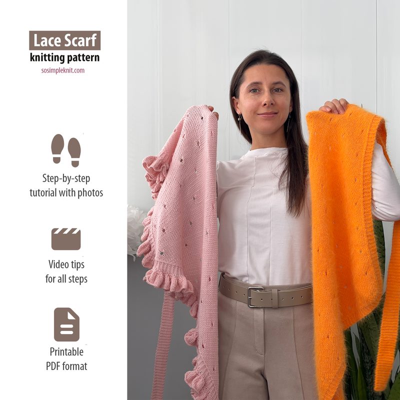 A woman stands holding two lace triangle scarves, one in a soft pink with ruffled edges and delicate holes, and the other in a vibrant orange. She is wearing a white long-sleeve top and beige high-waisted trousers. The background is white, creating a clean, simple setting. The image includes text on the left side detailing the knitting pattern and resources available.